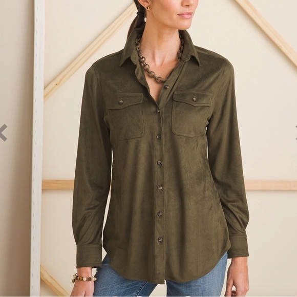 Chicos  Buttons Down Blouse Olive Green Long Sleeves Size L chest Pockets - Picture 1 of 11